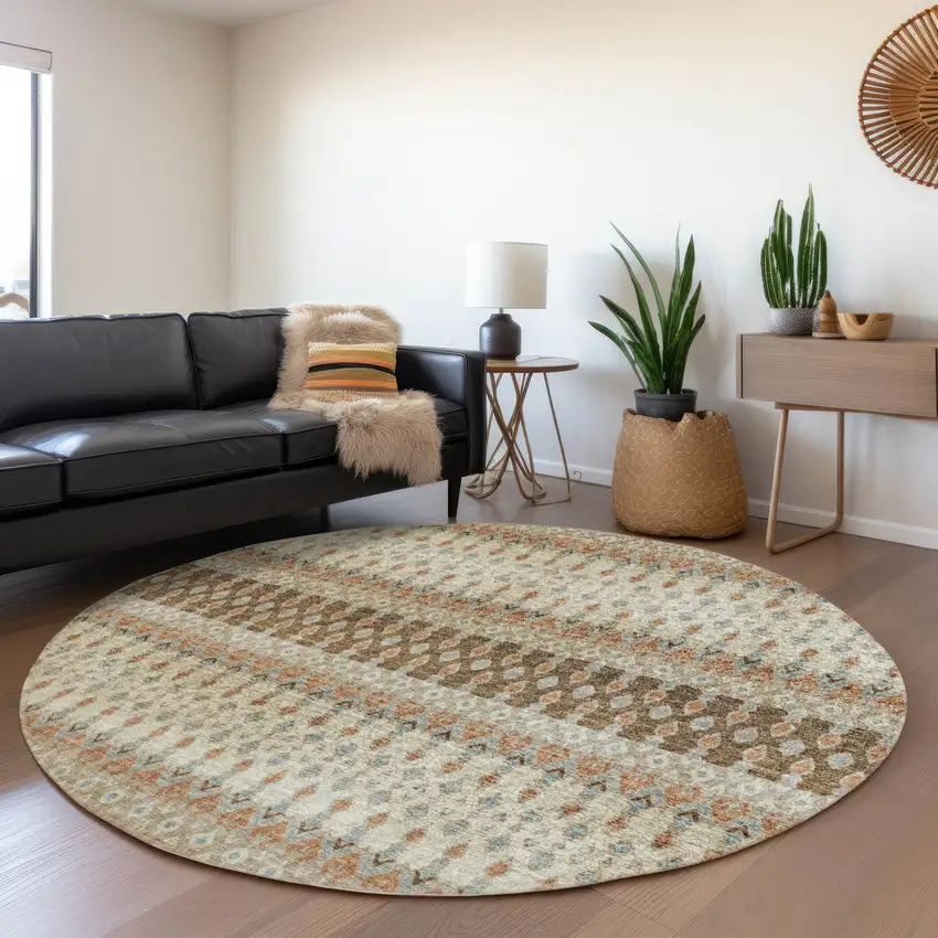 8' Burnt Sienna Ivory And Blue Tribal Washable Round Rug With UV Protection Photo 6