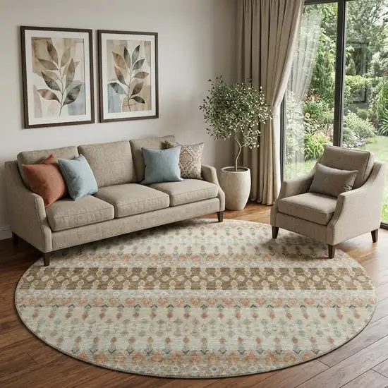 8' Burnt Sienna Ivory And Blue Tribal Distressed Washable Round Rug With UV Protection Photo 1