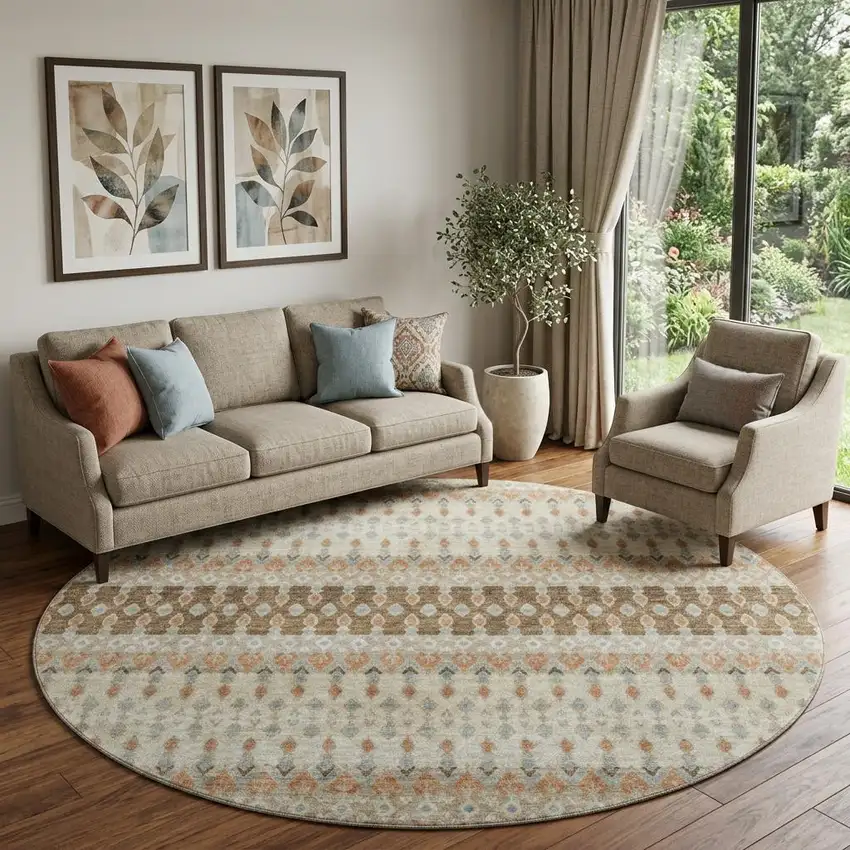 8' Burnt Sienna Ivory And Blue Tribal Distressed Washable Round Rug With UV Protection Photo 1
