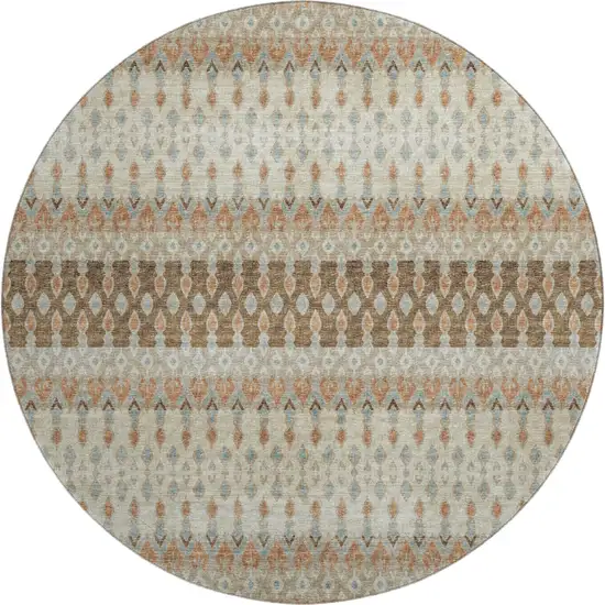 8' Burnt Sienna Ivory And Blue Tribal Washable Round Rug With UV Protection Photo 2