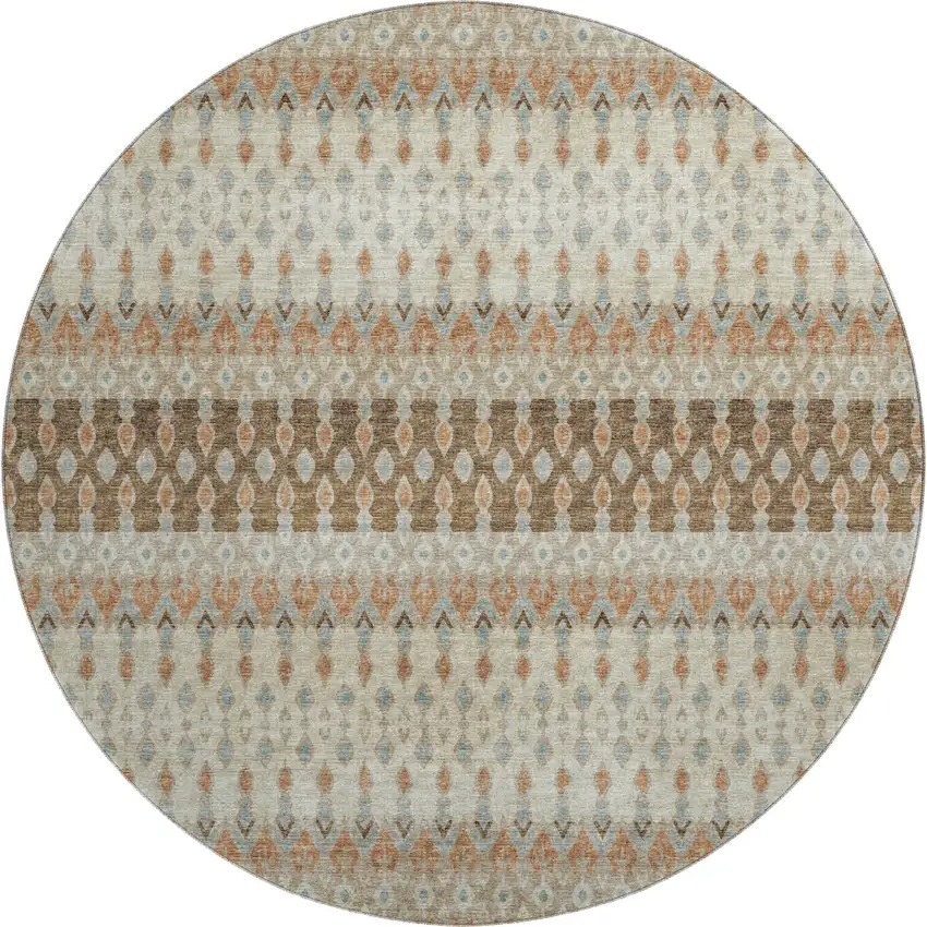 8' Burnt Sienna Ivory And Blue Tribal Washable Round Rug With UV Protection Photo 2