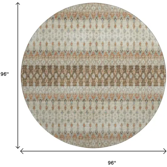 8' Burnt Sienna Ivory And Blue Tribal Washable Round Rug With UV Protection Photo 3
