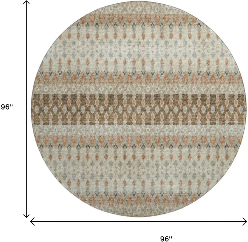 8' Burnt Sienna Ivory And Blue Tribal Washable Round Rug With UV Protection Photo 3