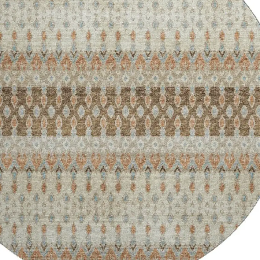8' Burnt Sienna Ivory And Blue Tribal Washable Round Rug With UV Protection Photo 4