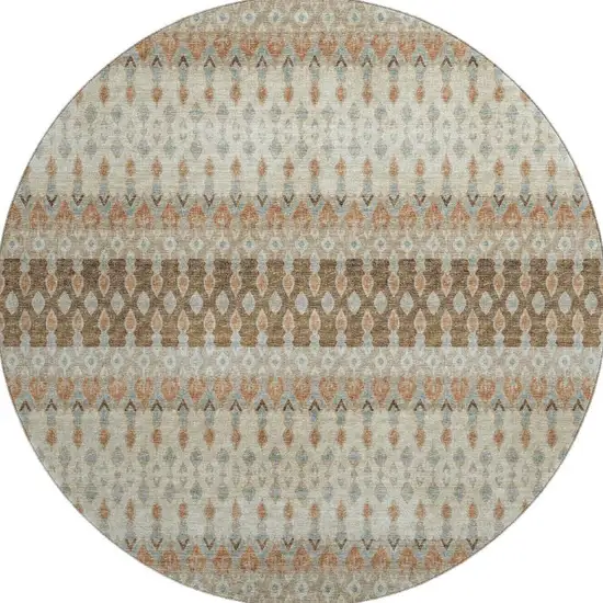 8' Burnt Sienna Ivory And Blue Tribal Washable Round Rug With UV Protection Photo 5