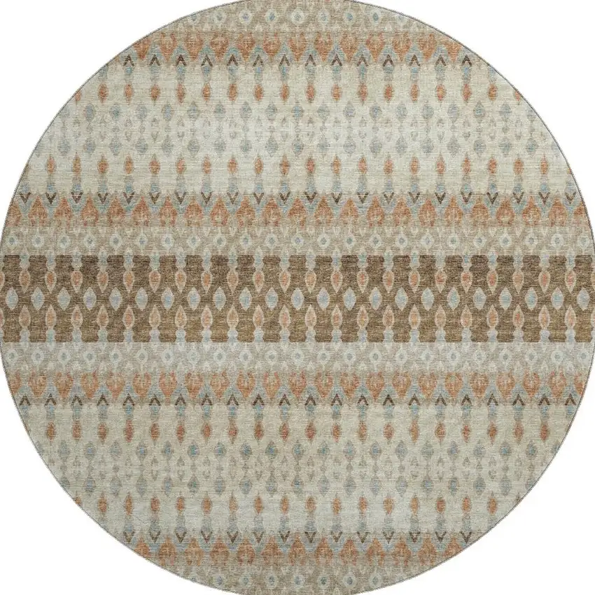 8' Burnt Sienna Ivory And Blue Tribal Washable Round Rug With UV Protection Photo 5