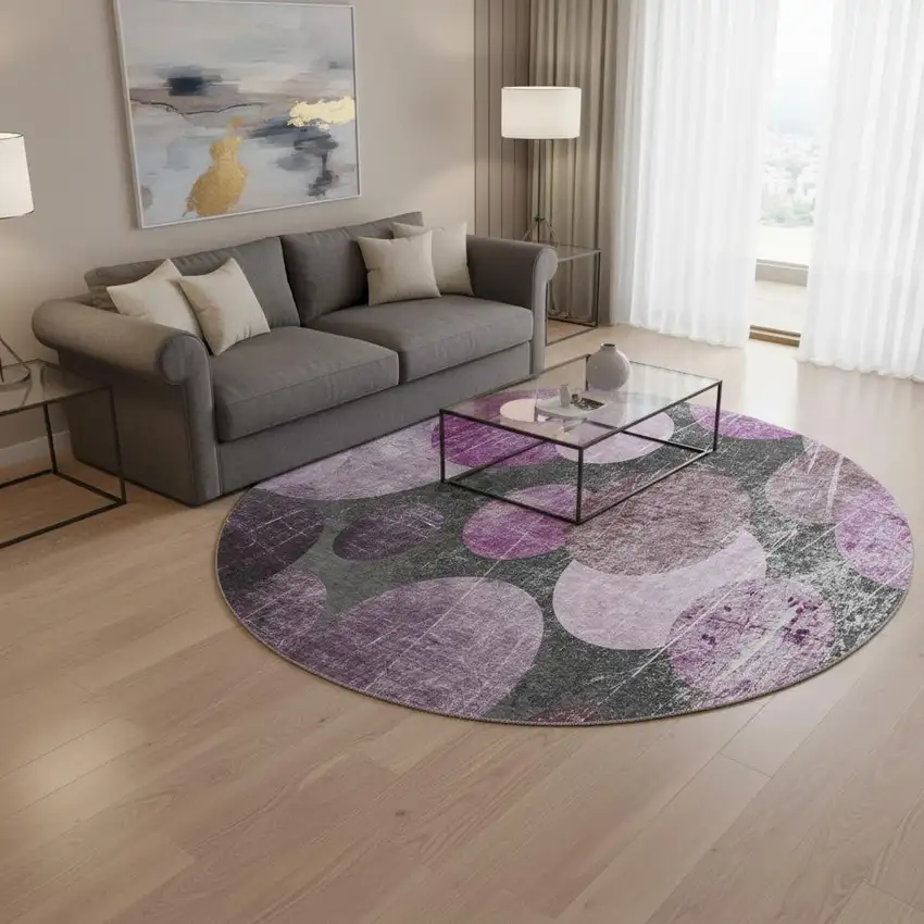 8' Cabernet And Ivory Abstract Washable Round Rug With UV Protection Photo 2