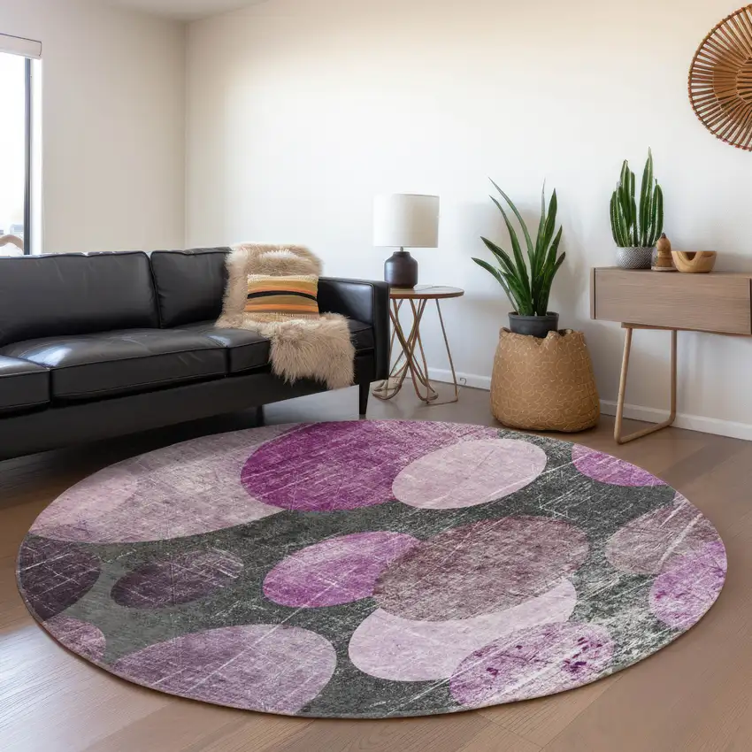 8' Cabernet And Ivory Abstract Washable Round Rug With UV Protection Photo 5