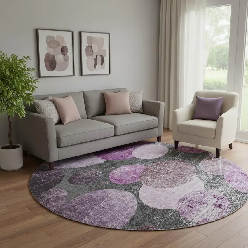 8' Cabernet And Ivory Abstract Washable Round Rug With UV Protection Photo 1