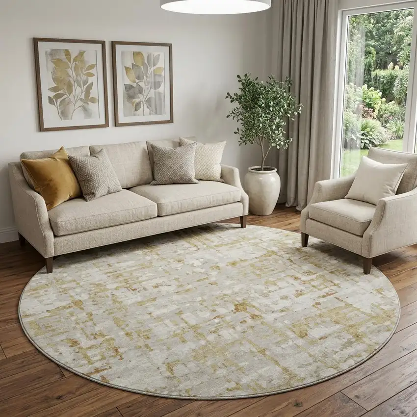 8' Camel And Ivory Abstract Distressed Washable Round Rug With UV Protection Photo 1