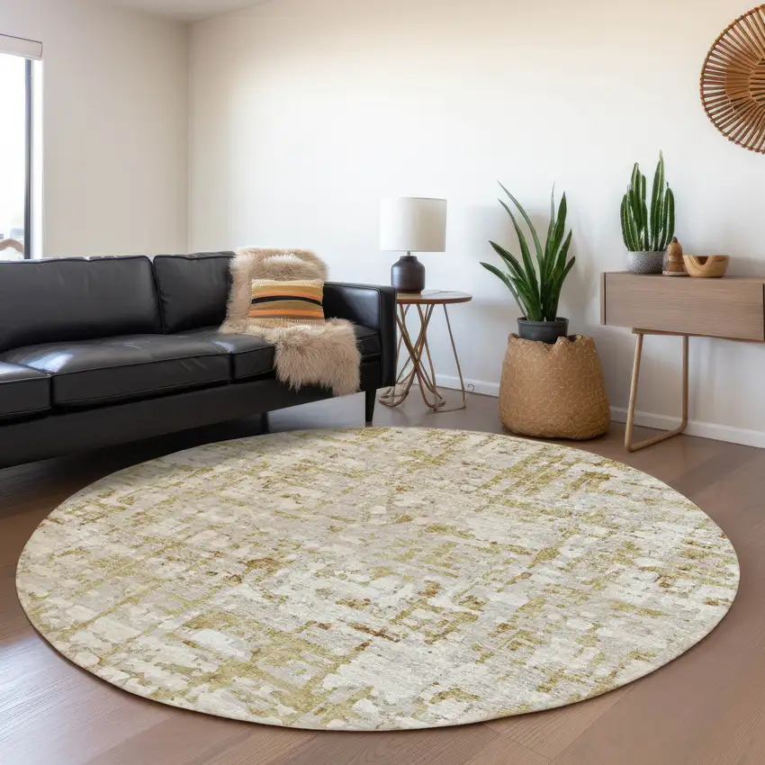 8' Camel And Ivory Abstract Washable Round Rug With UV Protection Photo 5