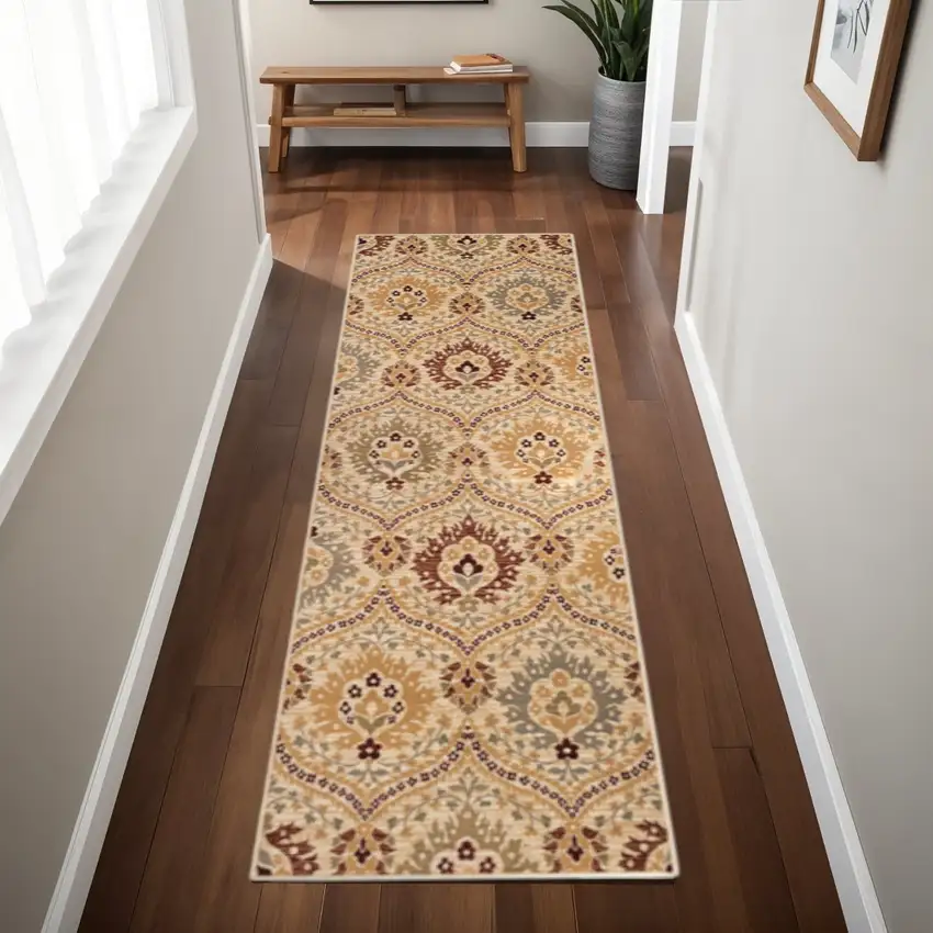 8' Beige Red And Gray Floral Runner Rug Photo 1