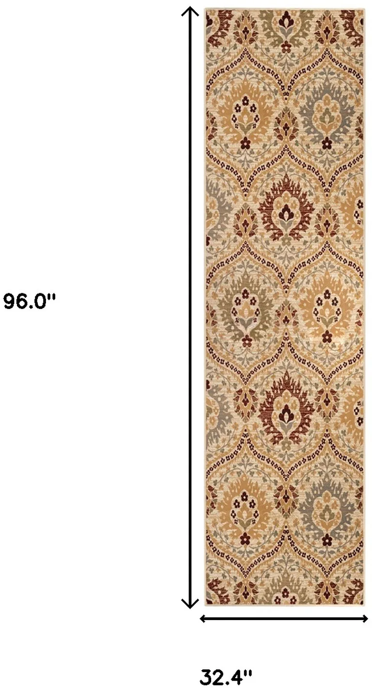8' Camel Gray And Rust Floral Stain Resistant Runner Rug Photo 5
