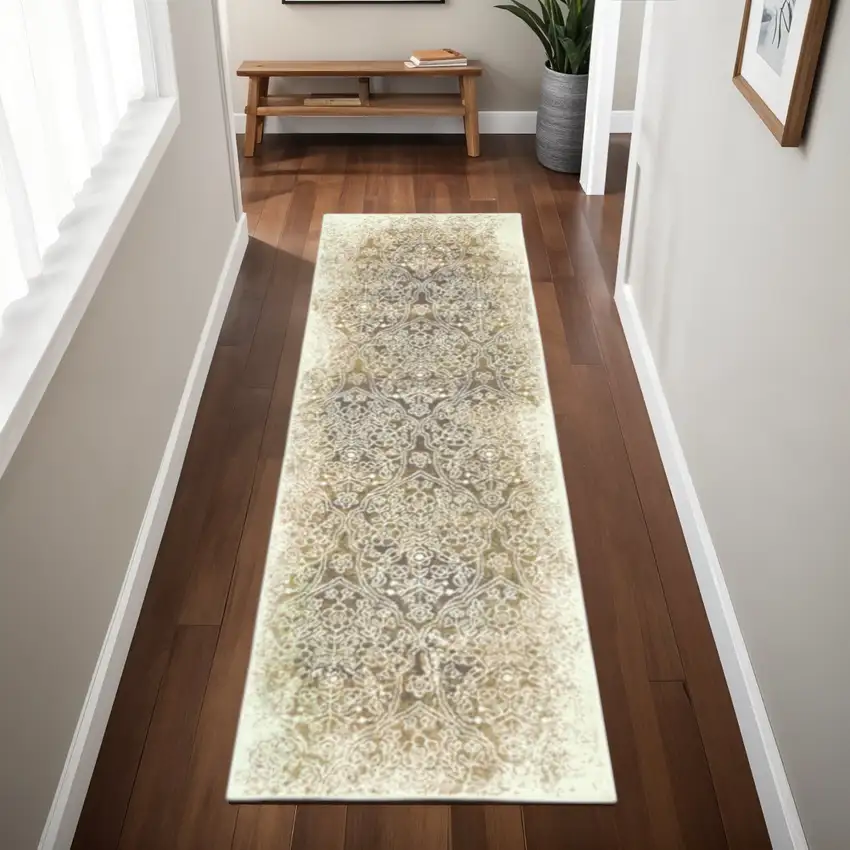8' Beige And Brown Medallion Runner Rug Photo 1
