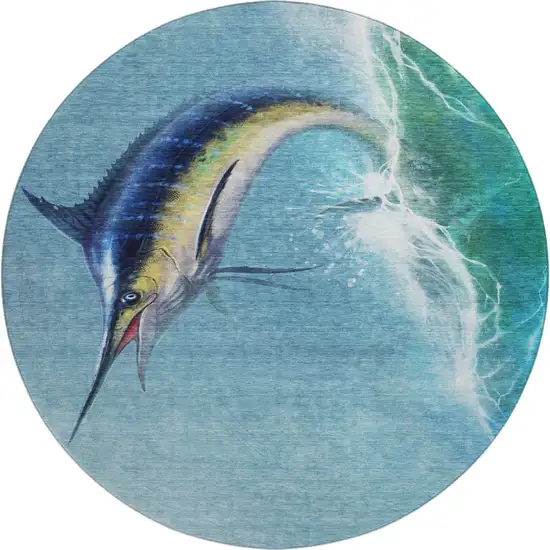 8' Caribbean Blue Emerald And Beige Nautical Washable Round Rug With UV Protection Photo 2