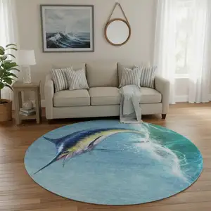 Photo of 8' Caribbean Blue Emerald And Beige Nautical Washable Round Rug With UV Protection