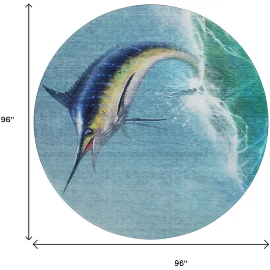 8' Caribbean Blue Emerald And Beige Nautical Washable Round Rug With UV Protection Photo 3