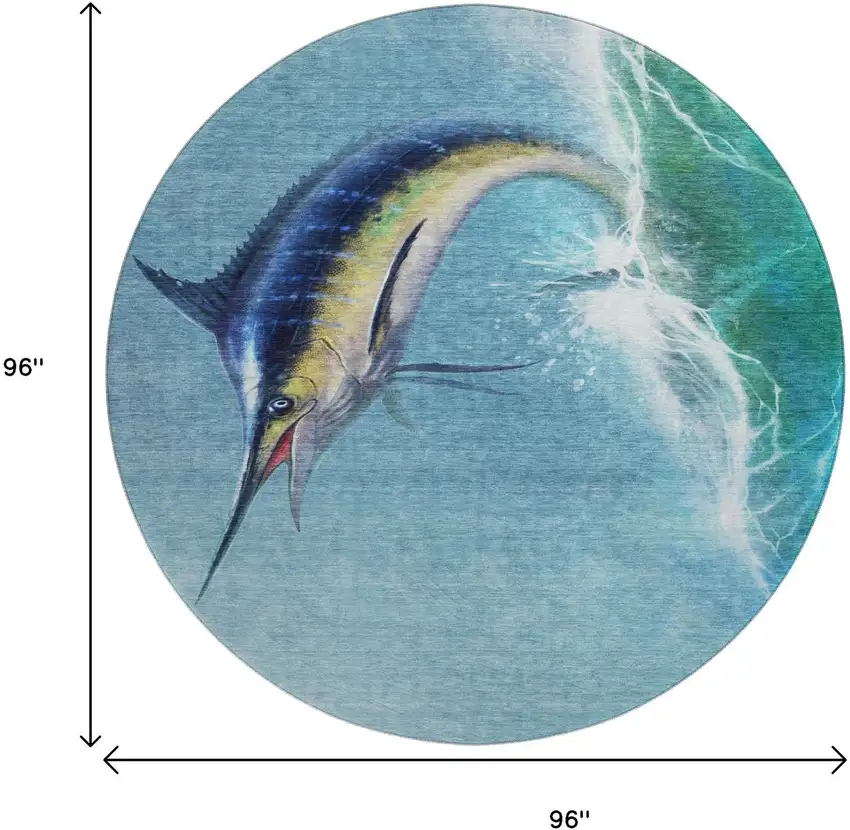 8' Caribbean Blue Emerald And Beige Nautical Washable Round Rug With UV Protection Photo 3