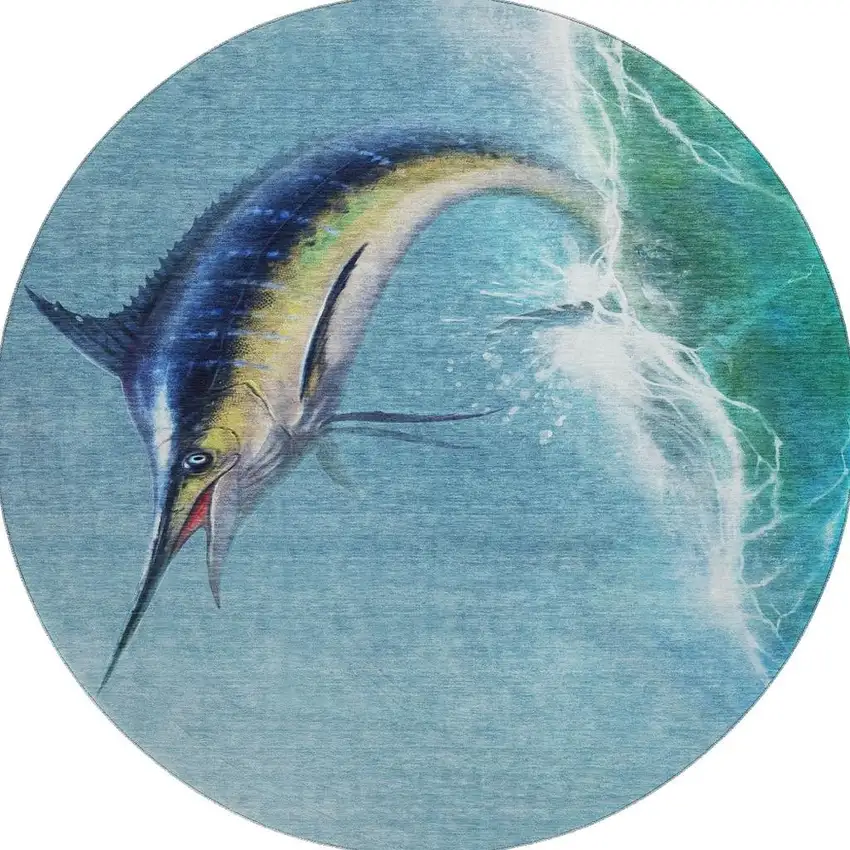 8' Caribbean Blue Emerald And Beige Nautical Washable Round Rug With UV Protection Photo 4