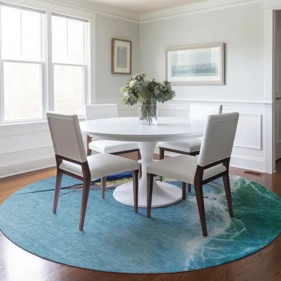 8' Caribbean Blue Emerald And Beige Nautical Washable Round Rug With UV Protection Photo 5