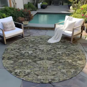 Photo of 8' Charcoal And Beige Round Damask Washable Indoor Outdoor Area Rug