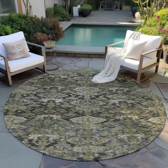 8' Charcoal And Beige Round Damask Washable Indoor Outdoor Area Rug Photo 7