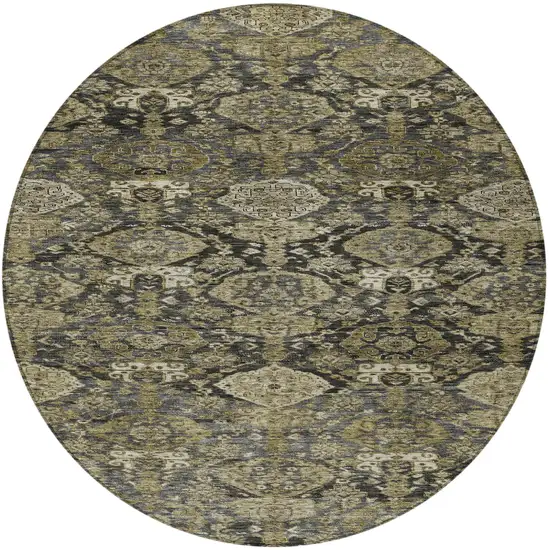 8' Charcoal And Beige Round Damask Washable Indoor Outdoor Area Rug Photo 6