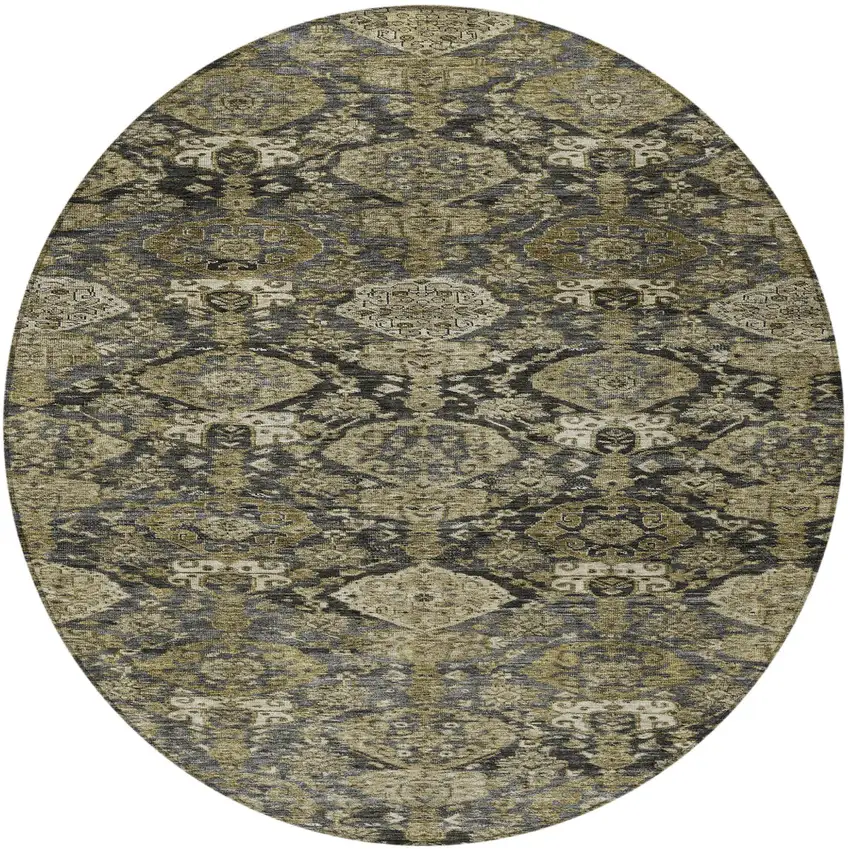8' Charcoal And Beige Round Damask Washable Indoor Outdoor Area Rug Photo 6