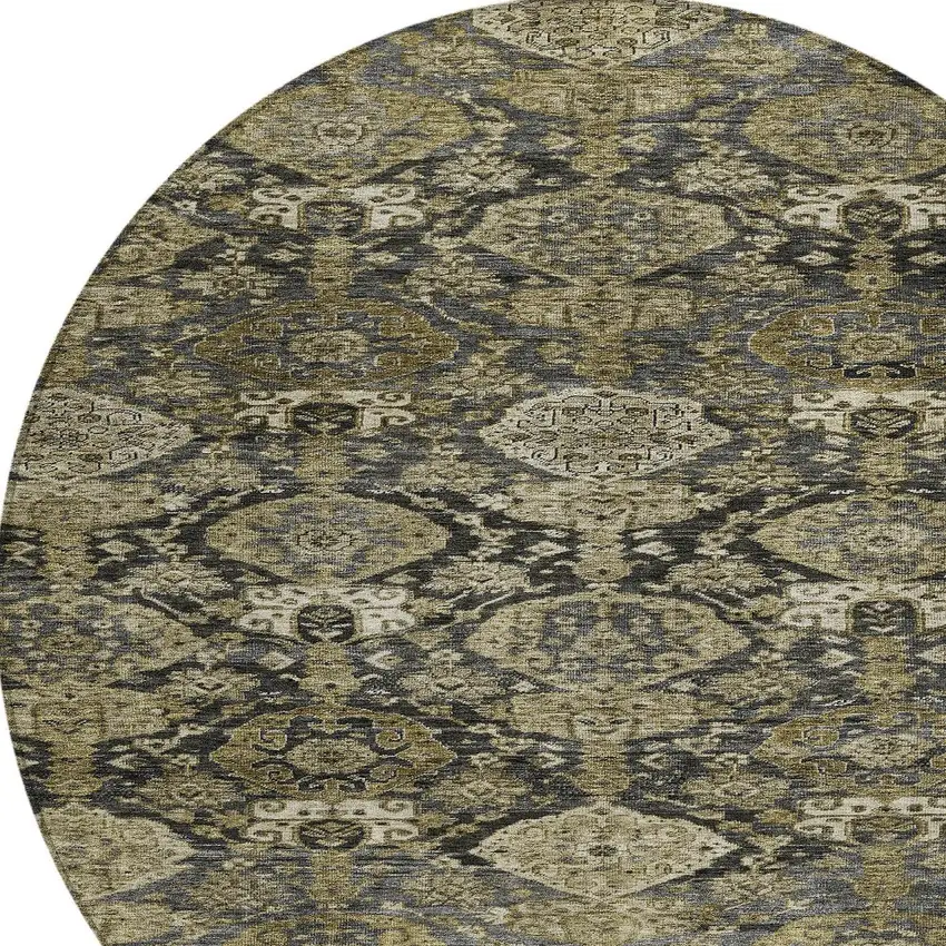 8' Charcoal And Beige Round Damask Washable Indoor Outdoor Area Rug Photo 5