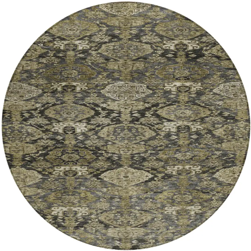 8' Charcoal And Beige Round Damask Washable Indoor Outdoor Area Rug Photo 2