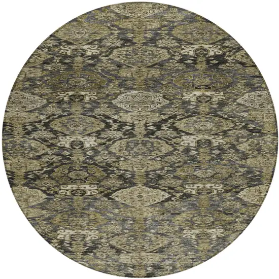8' Charcoal And Beige Round Damask Washable Indoor Outdoor Area Rug Photo 2