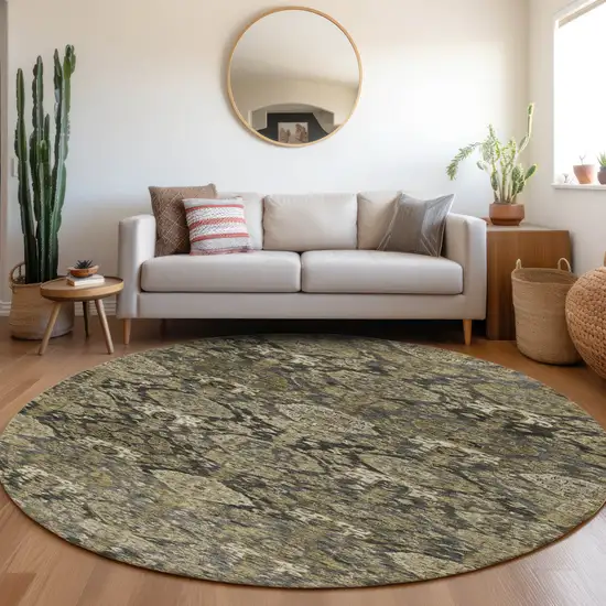 8' Charcoal And Beige Round Damask Washable Indoor Outdoor Area Rug Photo 8