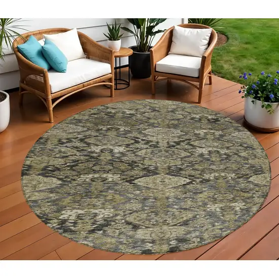 8' Charcoal And Beige Round Damask Washable Indoor Outdoor Area Rug Photo 1