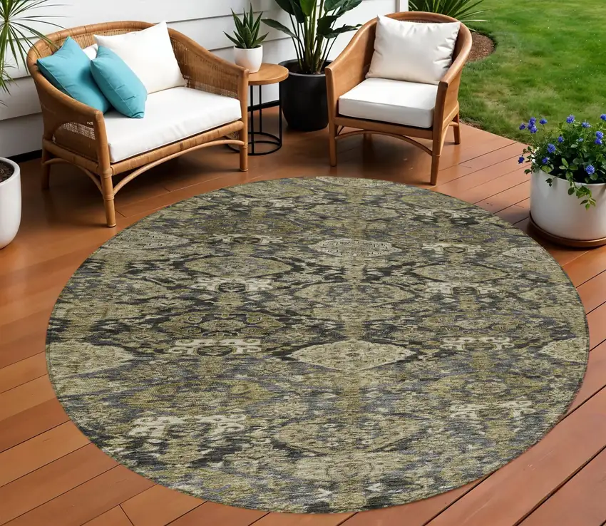 8' Charcoal And Beige Round Damask Washable Indoor Outdoor Area Rug Photo 1