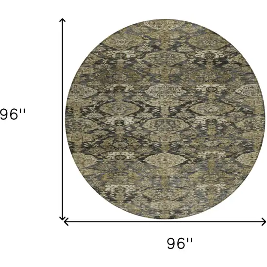 8' Charcoal And Beige Round Damask Washable Indoor Outdoor Area Rug Photo 9