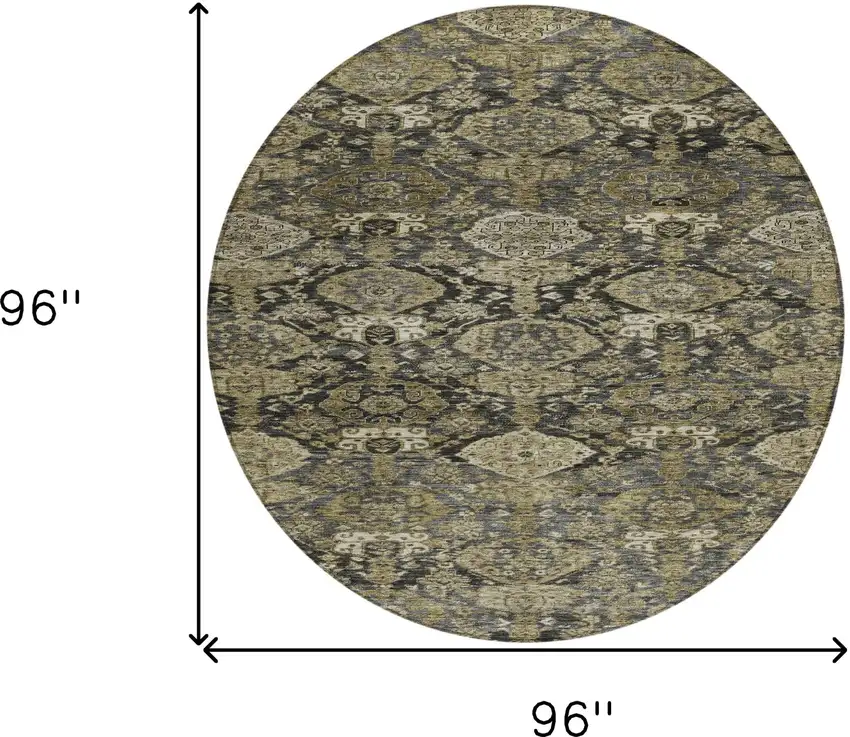 8' Charcoal And Beige Round Damask Washable Indoor Outdoor Area Rug Photo 9