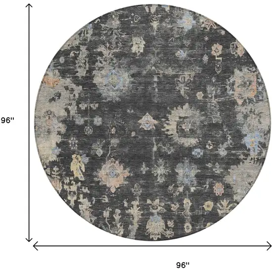 8' Charcoal And Beige Round Floral Washable Indoor Outdoor Area Rug Photo 3