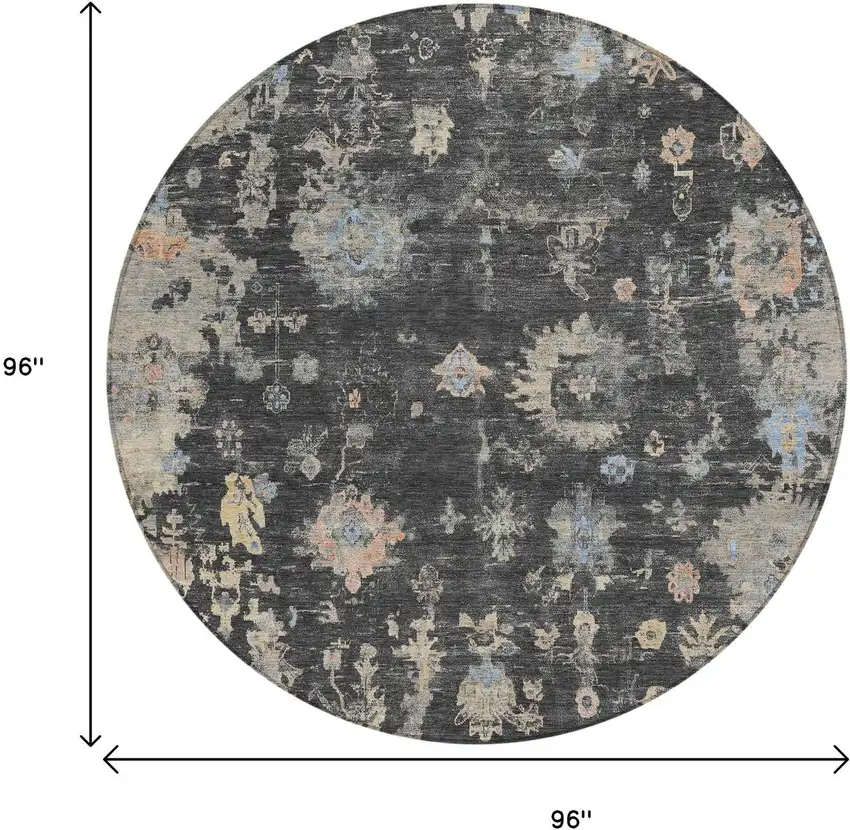 8' Charcoal And Beige Round Floral Washable Indoor Outdoor Area Rug Photo 3