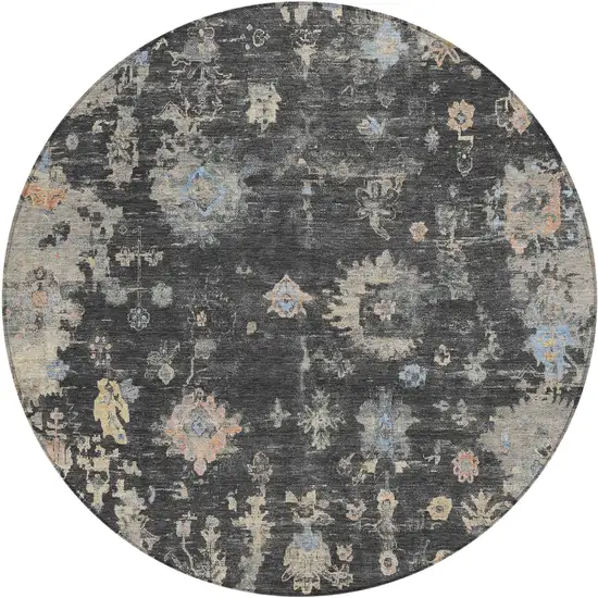8' Charcoal And Beige Round Floral Washable Indoor Outdoor Area Rug Photo 2