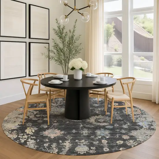 8' Charcoal And Beige Round Floral Washable Indoor Outdoor Area Rug Photo 9