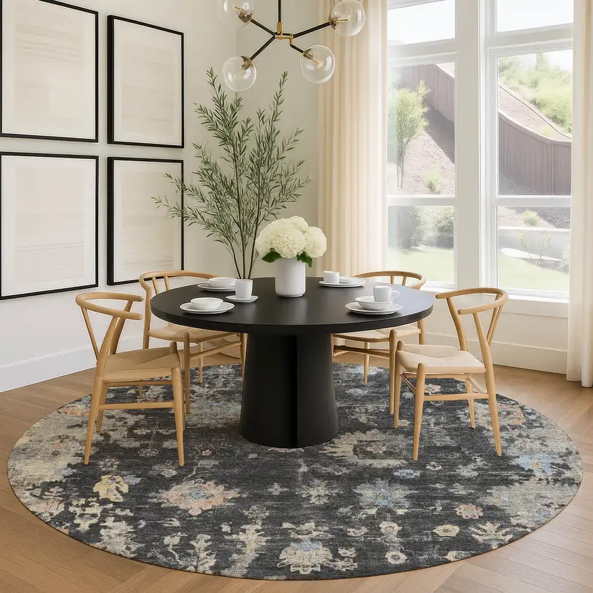 8' Charcoal And Beige Round Floral Washable Indoor Outdoor Area Rug Photo 9