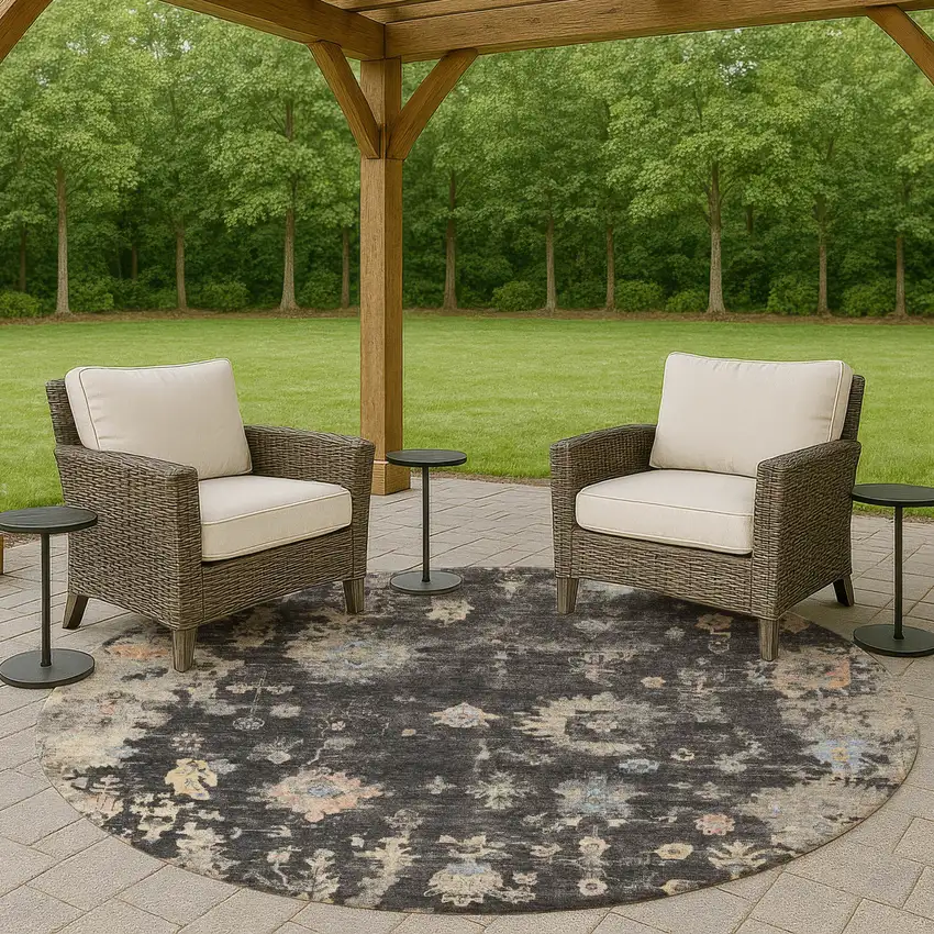 8' Charcoal And Beige Round Floral Washable Indoor Outdoor Area Rug Photo 8