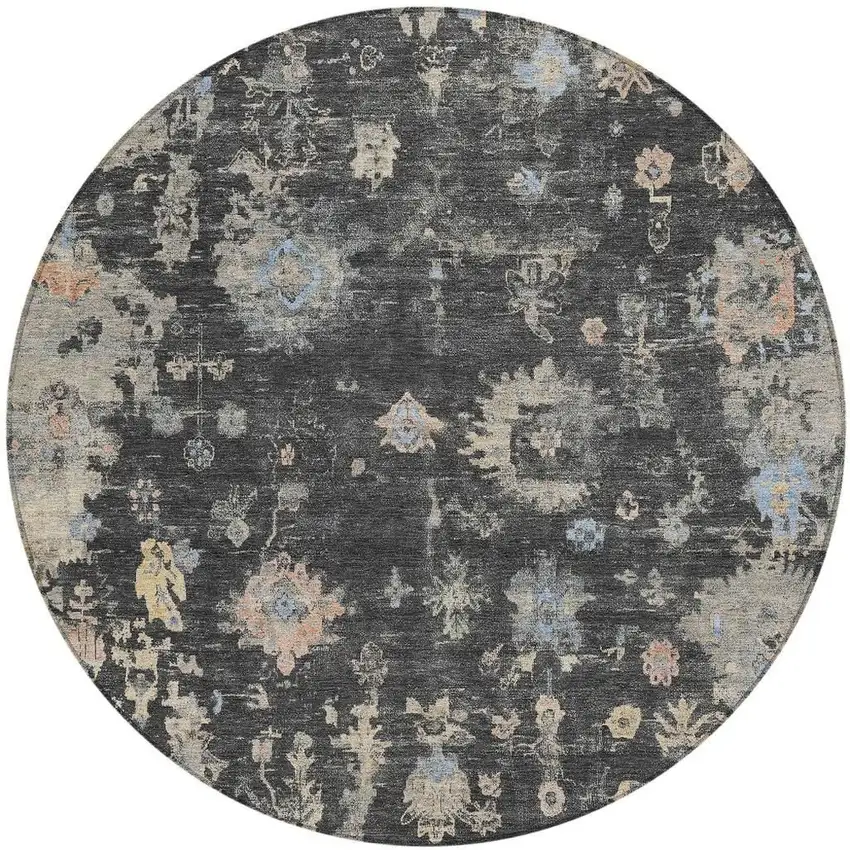 8' Charcoal And Beige Round Floral Washable Indoor Outdoor Area Rug Photo 4