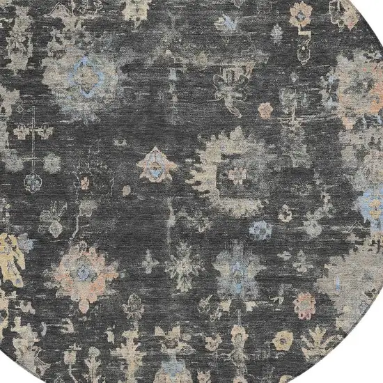 8' Charcoal And Beige Round Floral Washable Indoor Outdoor Area Rug Photo 7