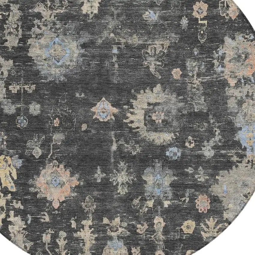 8' Charcoal And Beige Round Floral Washable Indoor Outdoor Area Rug Photo 7