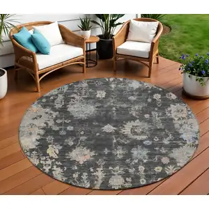 Photo of 8' Charcoal And Beige Round Floral Washable Indoor Outdoor Area Rug