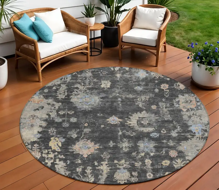 8' Charcoal And Beige Round Floral Washable Indoor Outdoor Area Rug Photo 1