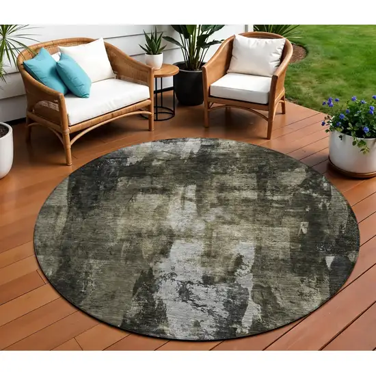 8' Charcoal And Black Round Abstract Washable Indoor Outdoor Area Rug Photo 1