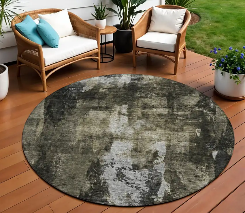 8' Charcoal And Black Round Abstract Washable Indoor Outdoor Area Rug Photo 1