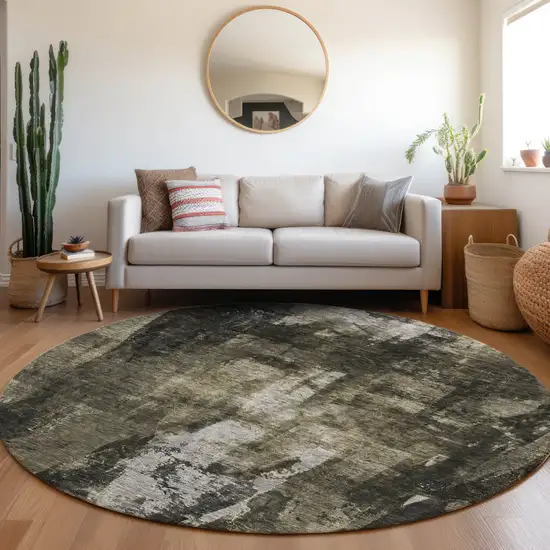 8' Charcoal And Black Round Abstract Washable Indoor Outdoor Area Rug Photo 8